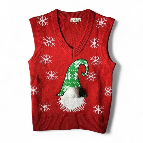 Merry Christmas by POOF Red Gnome Snowflake Ugly Holiday Sweater Vest - Picture 1 of 4